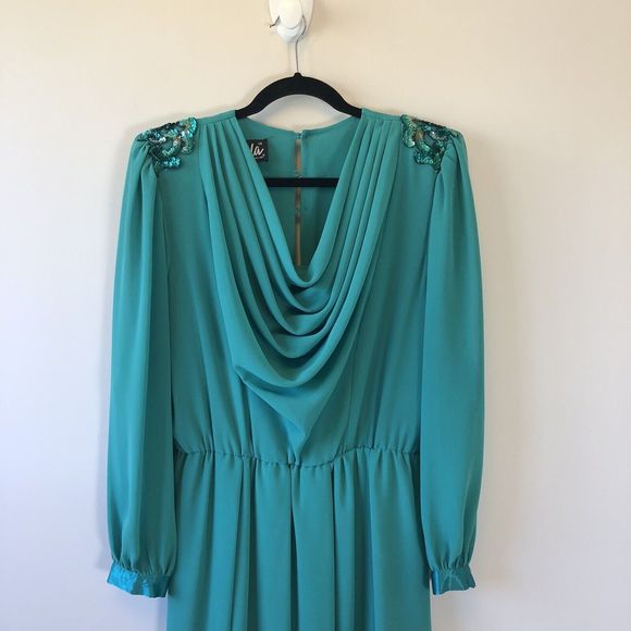 Vintage 1980's Ursula of Switzerland Chiffon Cocktail Dress Aqua Green Size 14 - Picture 3 of 14